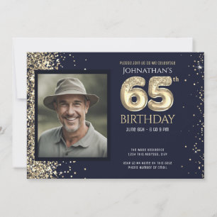 Gouden glitter blauwe foto 65e verjaardagsfeestje kaart
