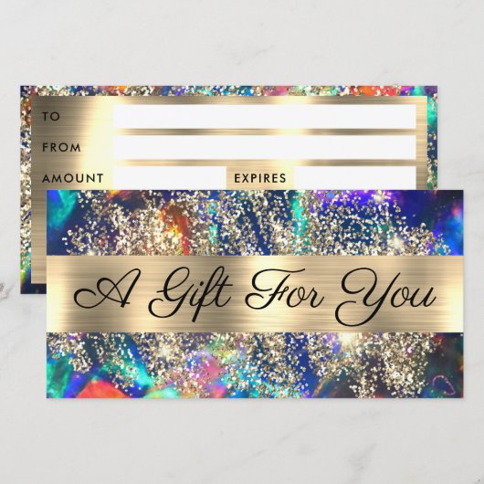 Gouden glitter blauwe opaal cadeaubon (Voorkant / Achterkant)