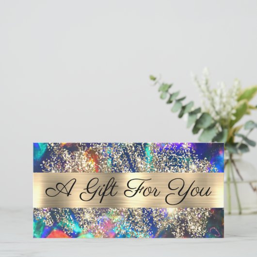 Gouden glitter blauwe opaal cadeaubon (Staand voorkant)