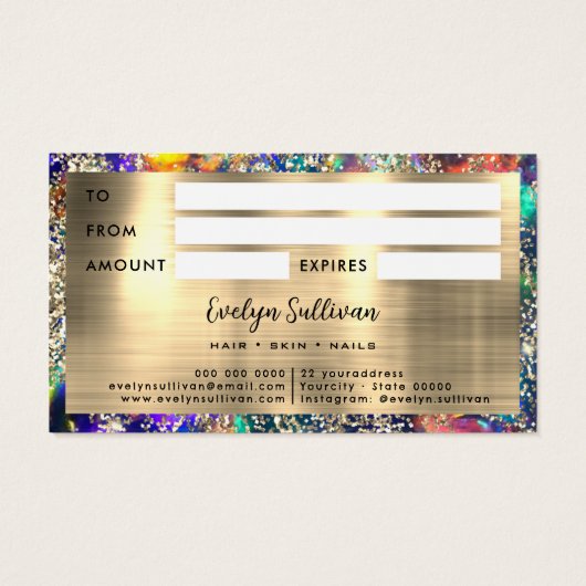 Gouden glitter blauwe opaal cadeaubon visitekaartje (Achterkant)