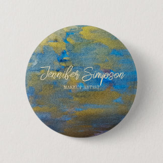 Gouden Glitter Blauwe Waterverf Abstracte Naam Ronde Button 5,7 Cm