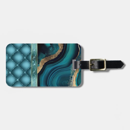 Gouden Glitter Blauwgroen Agaat Marmeren Diamanten Bagagelabel (Voorkant horizontaal)