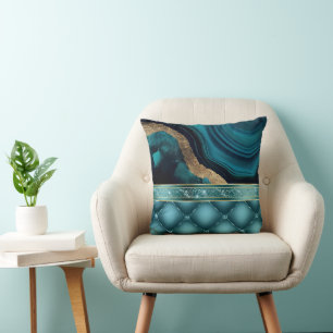 Gouden Glitter Blauwgroen Agaat Marmeren Diamanten Kussen