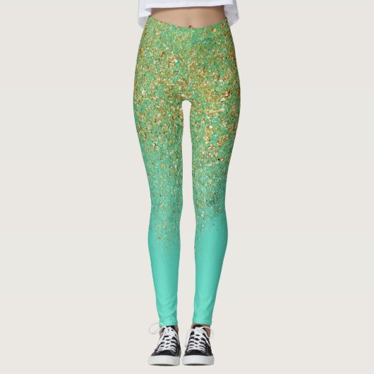 Gouden Glitter & Blauwgroen Aqua Glam Glitterij Leggings (Voorkant)