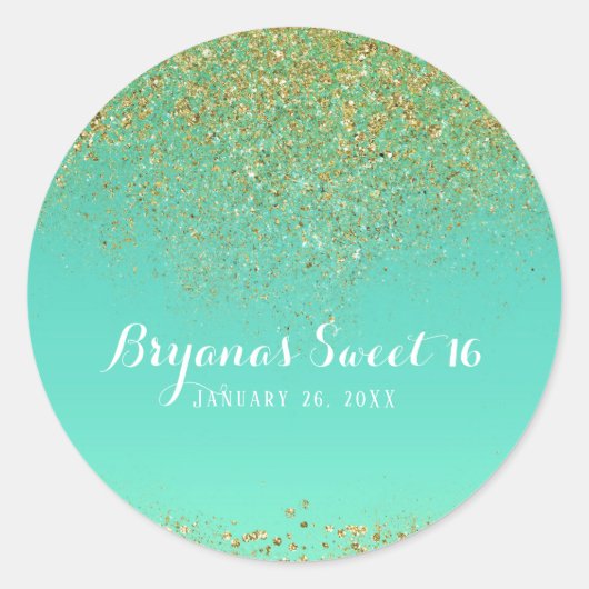 Gouden Glitter & Blauwgroen Aqua Glam Verjaardagsf Ronde Sticker (Voorkant)