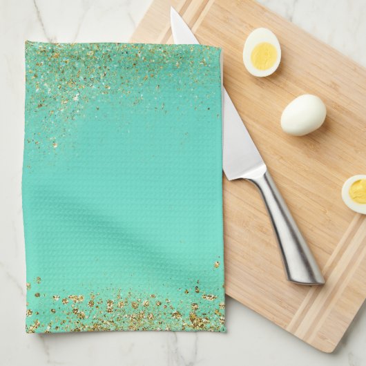 Gouden Glitter & Blauwgroen Aqua Modern Girly Tren Theedoek (Quarter Fold)
