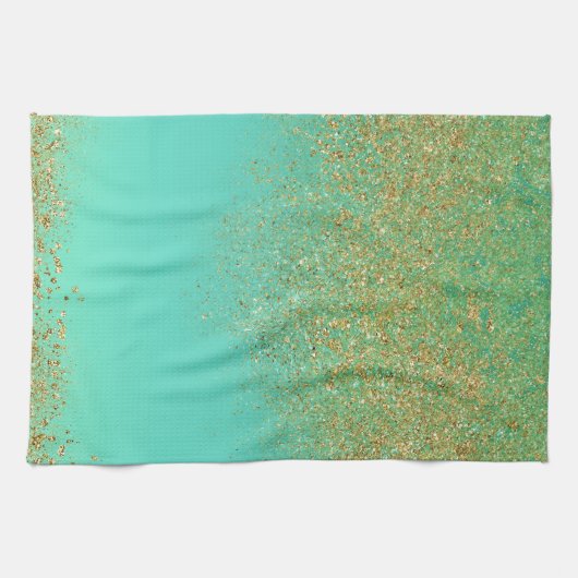Gouden Glitter & Blauwgroen Aqua Modern Girly Tren Theedoek (Horizontaal)