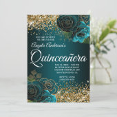 Gouden Glitter Blauwgroen Blauw Bloemen Glam Quinc Kaart (Staand voorkant)