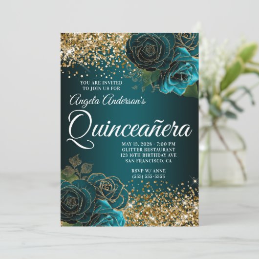 Gouden Glitter Blauwgroen Blauw Bloemen Glam Quinc Kaart (Staand voorkant)