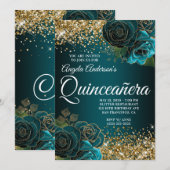 Gouden Glitter Blauwgroen Blauw Bloemen Glam Quinc Kaart (Voorkant / Achterkant)