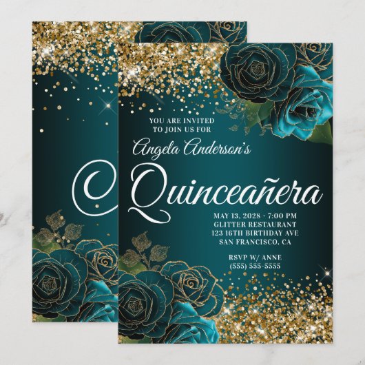 Gouden Glitter Blauwgroen Blauw Bloemen Glam Quinc Kaart (Voorkant / Achterkant)