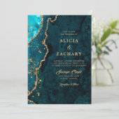Gouden Glitter Blauwgroen Blauwe Agaat Trouwuitnod Kaart (Staand voorkant)