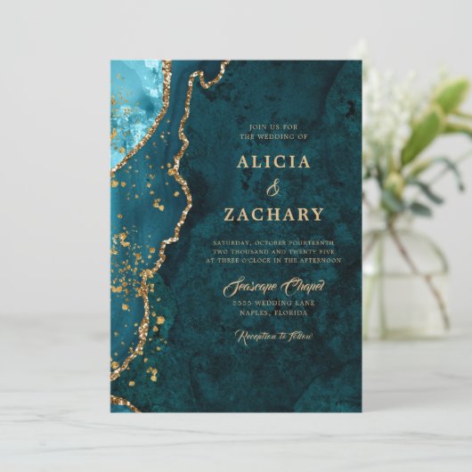 Gouden Glitter Blauwgroen Blauwe Agaat Trouwuitnod Kaart (Staand voorkant)
