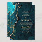 Gouden Glitter Blauwgroen Blauwe Agaat Trouwuitnod Kaart (Voorkant / Achterkant)