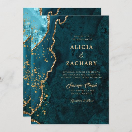 Gouden Glitter Blauwgroen Blauwe Agaat Trouwuitnod Kaart (Voorkant / Achterkant)