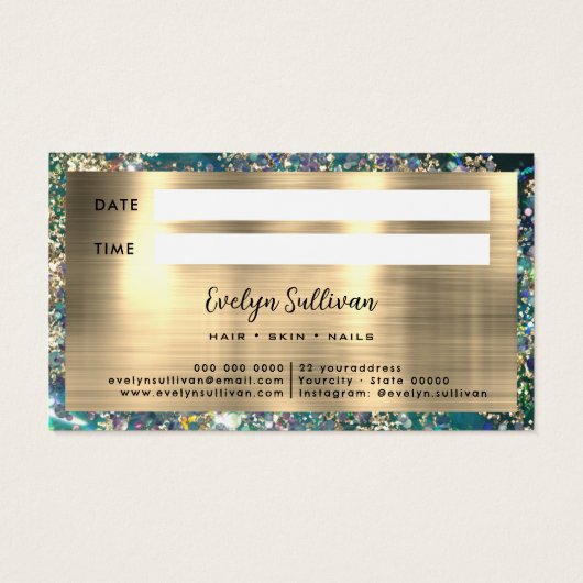 Gouden glitter blauwgroen opaal afspraak kaart (Achterkant)