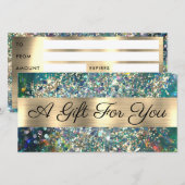 Gouden glitter blauwgroen opaal cadeaubon (Voorkant / Achterkant)
