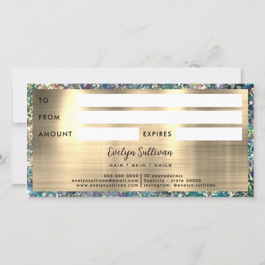 Gouden glitter blauwgroen opaal cadeaubon (Achterkant)