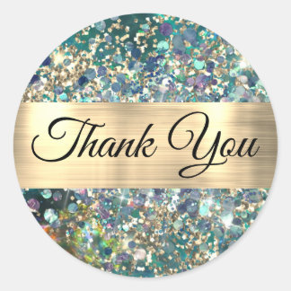 Gouden glitter blauwgroen opaal dank u sticker