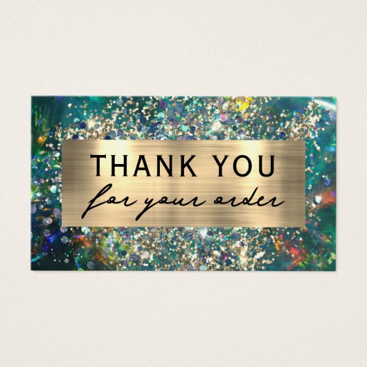 Gouden glitter blauwgroen opaal kortingskaart visitekaartje (Voorkant)