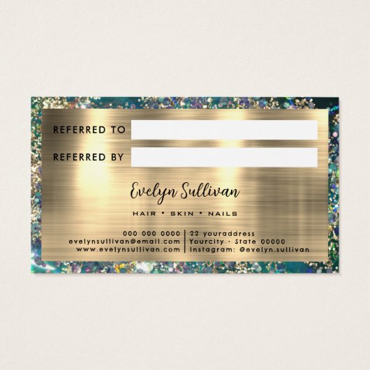 Gouden glitter blauwgroen opaal verwijzingskaart visitekaartje (Achterkant)