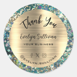 Gouden Glitter Blauwgroen Opal Dank u Ronde Sticker