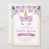 Gouden Glitter Blauwgroen Paarse Bloemen Eenhoorn  Kaart (Voorkant)