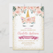 Gouden Glitter Blauwgroen Perzik Bloemen Eenhoorn  Kaart (Voorkant)