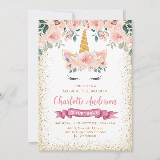 Gouden Glitter Blauwgroen Perzik Bloemen Eenhoorn  Kaart (Voorkant)