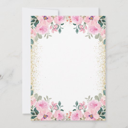 Gouden Glitter Blauwgroen Roze Bloemen Eenhoorn Ve Kaart (Achterkant)