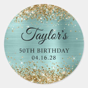 Gouden Glitter Bleek Turquoise Folie 50e Verjaarda Ronde Sticker