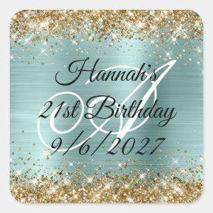 Gouden Glitter Bleek Turquoise Folie Monogram 21e  Vierkante Sticker