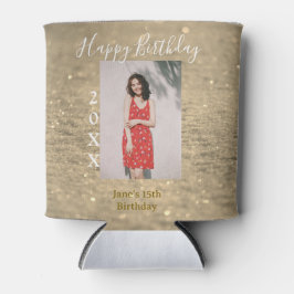 Gouden glitter blij 15e verjaardag foto naam jaar blikjeskoeler