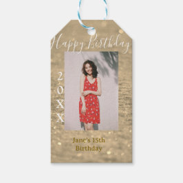 Gouden glitter blij 15e verjaardag foto naam jaar cadeaulabel