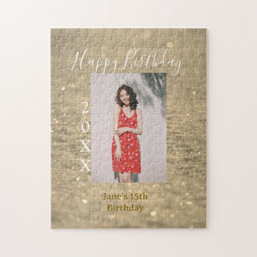 Gouden glitter blij 15e verjaardag foto naam jaar legpuzzel (Verticaal)