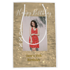 Gouden glitter blij 15e verjaardag foto naam jaar medium cadeauzakje