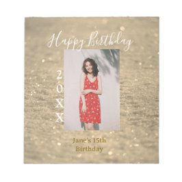 Gouden glitter blij 15e verjaardag foto naam jaar notitieblok