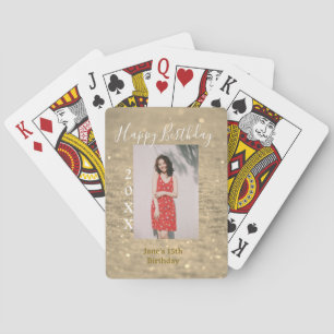 Gouden glitter blij 15e verjaardag foto naam jaar pokerkaarten