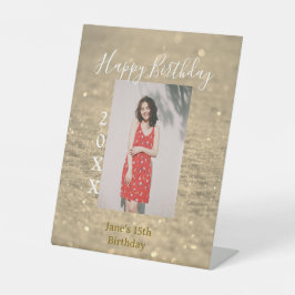 Gouden glitter blij 15e verjaardag foto naam jaar reclamebord met voetstuk