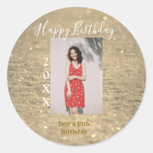 Gouden glitter blij 15e verjaardag foto naam jaar ronde sticker