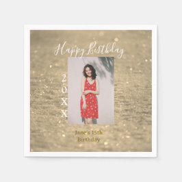 Gouden glitter blij 15e verjaardag foto naam jaar servet