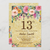 Gouden glitter bloem 13e verjaardagsuitnodiging kaart (Voorkant / Achterkant)