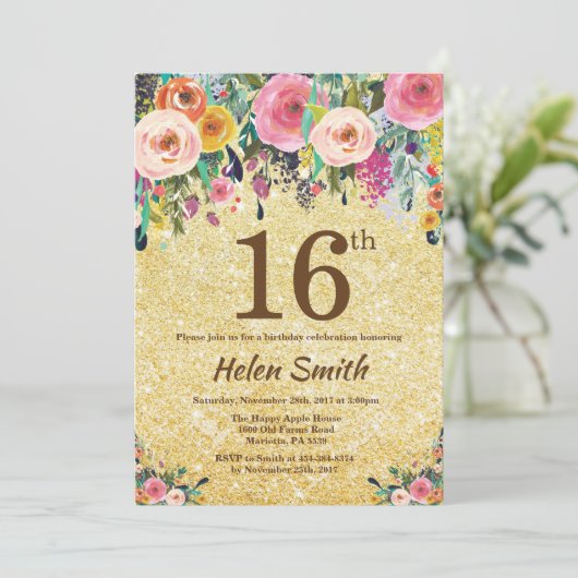 Gouden Glitter Bloem 16e Verjaardagsuitnodiging Kaart (Staand voorkant)