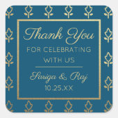 Gouden Glitter Bloem Bruiloft Retour Gift Favor Vierkante Sticker (Voorkant)