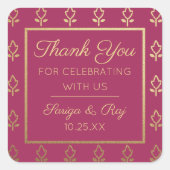 Gouden Glitter Bloem Bruiloft Retour Gift Favor Vierkante Sticker (Voorkant)