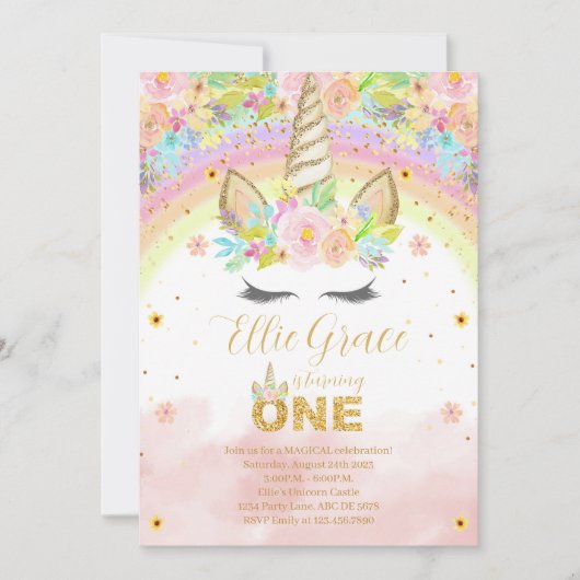 Gouden Glitter Bloemen 1e Verjaardag Eenhoorn Kaart (Voorkant)