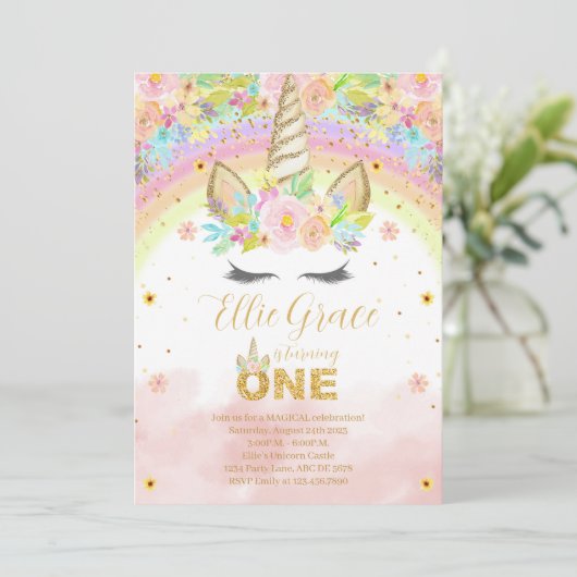 Gouden Glitter Bloemen 1e Verjaardag Eenhoorn Kaart (Staand voorkant)