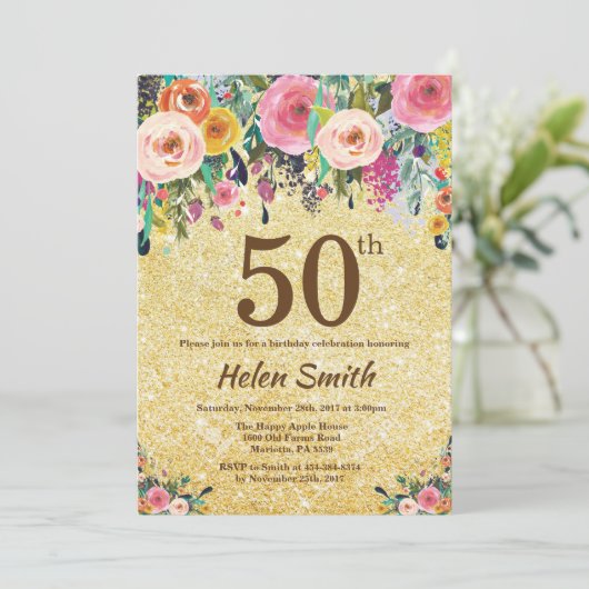 Gouden Glitter Bloemen 50e verjaardag Uitnodiging (Staand voorkant)