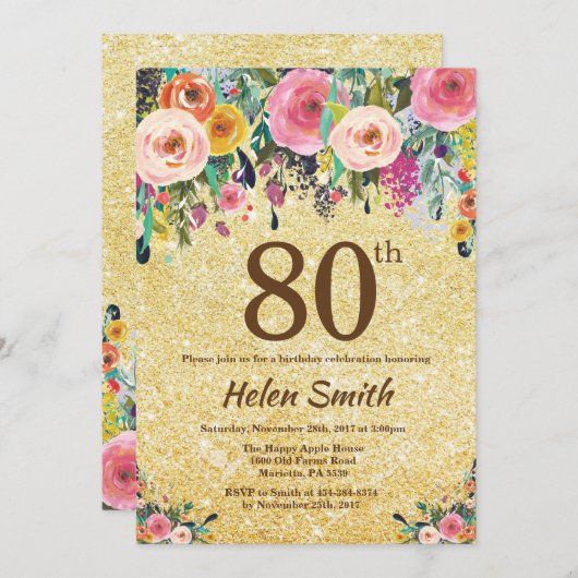Gouden Glitter Bloemen 80ste Verjaardag Uitnodigin Kaart (Voorkant / Achterkant)