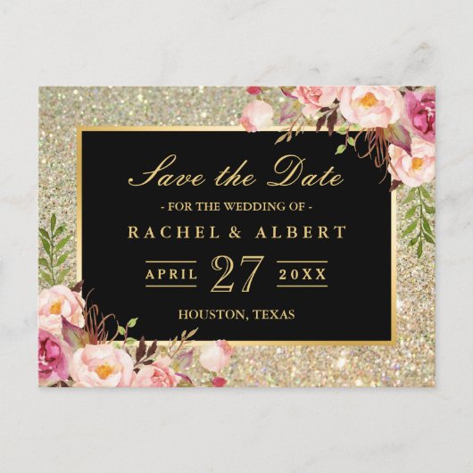 Gouden Glitter Bloemen Bruiloft Save the Date Aankondigingskaart (Voorkant)